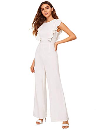 Romwe Women's Sexy Casual Sleeveless Ruffle Trim Wide Leg High Waist Long Jumpsuit