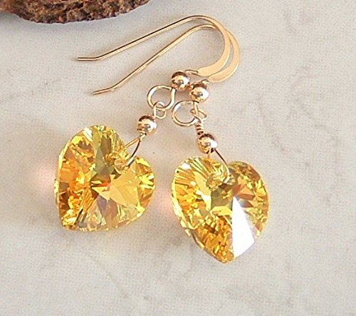 Yellow Aurora Borealis Heart Crystal Swarovski Elements Gold Filled Earrings