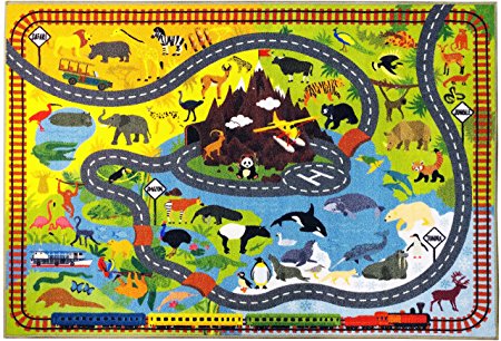 KC CUBS Playtime Collection Animal Safari Road Map Educational Learning & Game Area Rug Carpet for Kids and Children Bedrooms and Playroom (3' 3" x 4' 7")