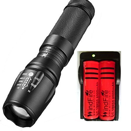 WindFire 2000 Lumens CREE XM-L T6 U2 L2 LED Zoomable 5 Mode Flashlight Torch Light Powered By 18650/26650 Li-ion Battery Rechargeable Torch Flash Light Lamp for Daily Use/ Outdoor Camping, Riding, Climbing (18650 Battery included)