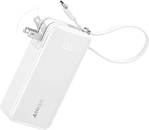 Anker 3-in-1 Power Bank, 10,000mAh Portable Charger with Built-in USB-C Cable and Foldable AC Plug, 30W Max Compact Battery Pack, for iPhone 15 Series, Galaxy, MacBook, and More