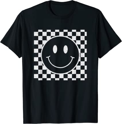 Retro Vintage Smiley Face Checkered Pattern Smile Face Meme T-Shirt