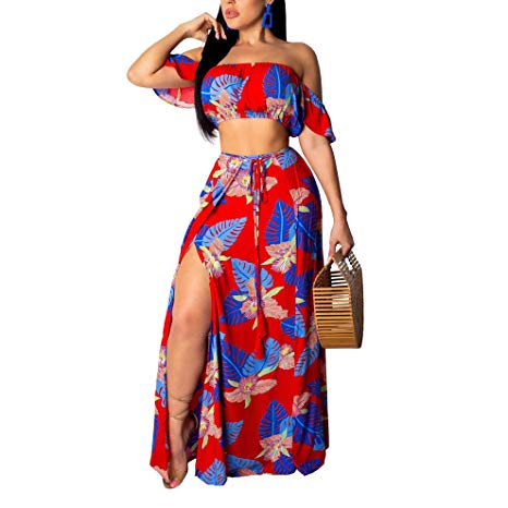 Womens 2 Piece Outfits Summer Floral Beach Crop and Side Slit Skirt