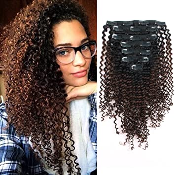Sassina Thickness Double Wefts Clip In Extensions For African American Black Women Kinky Curly 3C 4A 1B Off Black Fading into Light Chocolate Brown 7 Pieces-Set 17 Clips KC 1BT4 16 Inch