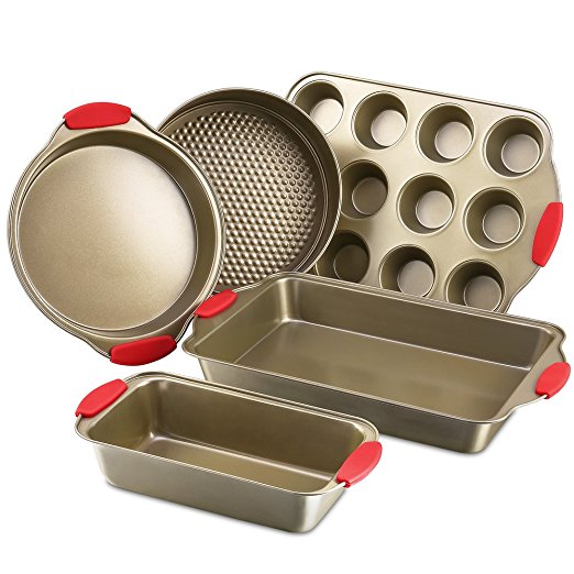 Bakeware Set, Kitchen Komforts 5-Piece Non-Stick Baking Pan Set with Silicone Handle Grips, Carbon Steel