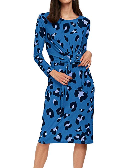 MEROKEETY Women's Long Sleeve Crew Neck Leopard Print Tie Knot Front Casual Midi Dress