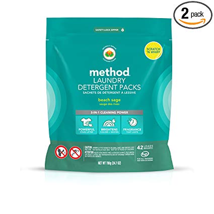 Method Laundry Detergent Packs, Naturally Derived, 3-in-1 Cleaning Power, Beach Sage Scent, 42 Count per Pouch, 84 Loads (Pack of 2 Pouches)