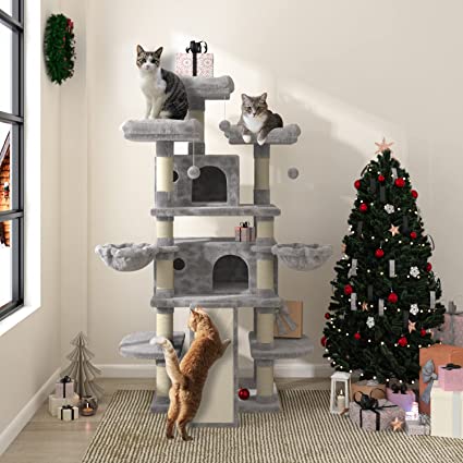 Allewie 68 Inches Catry Cat Tree/Cat Tree House and Towers for Large Cat/Cat Climbing Tree with Cat Condo/Cat Tree Scratching Post/Multi-Level Large Cat Tree/Light Grey