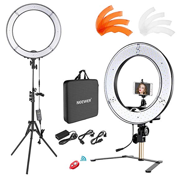 Neewer Desktop and Floor Ring Light Lighting Kit: 18 inches 55W 5500K Dimmable LED Ring Light with Floor Light Stand, Soft Tube, Tabletop Support Stand for Camera, Smartphone Video Make-up Shooting