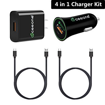 Qualcomm Certified Samsung Galaxy S8 / S8 Plus Quick Charge 3.0 Charger Kit, CeeOne USB Type C 4-in-1 Home and Car Charger Kit with 2-Pack 5ft Nylon Braided Cable for USB C Device (Black)