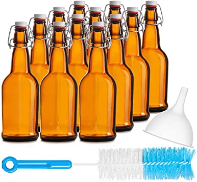 Chef's Star CASE of 12-16 oz. Easy Cap Beer Bottles with Funnel and Cleaning Brush - Amber