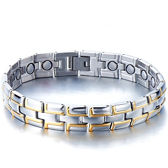 Timeless Style Stainless Steel Mens Gold and Silver Link Magnetic Bracelet