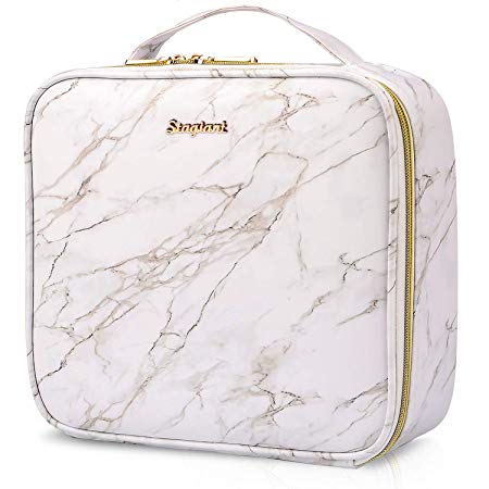 Stagiant Travel Makeup Train Case PU Leather Cosmetic Bag Marble Makeup Organizers Bag Storage with Dividers Brush Holder for Cosmetics Make Up Tools, White