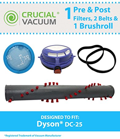 Brushroll, Belts & Pre/Post-Motor Filters for Dyson DC25 Vacuums; Compare to Dyson Part Nos. 91618805, 91479001, 91739101, 91412301; Designed & Engineered by Think Crucial