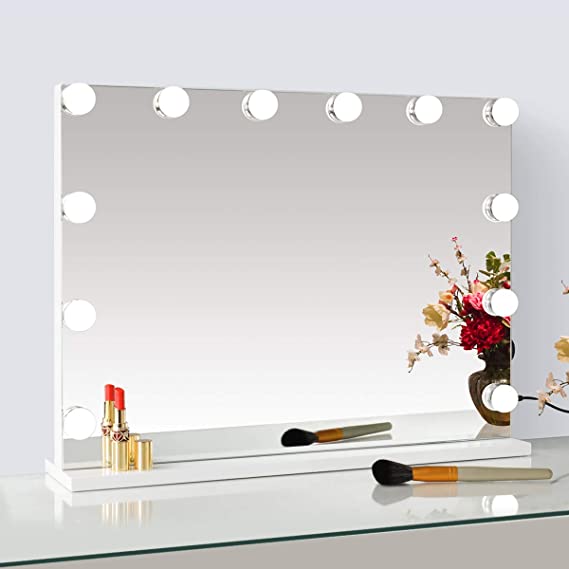 SHOWTIMEZ Lighted Makeup Vanity Mirror, Frameless Light-up Hollywood Tabletops Cosmetic Display with USB Charging Port, Dimmable Bulbs, 3 Color Tone Settings, 23" W x 18" H, White