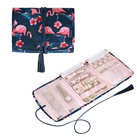 bagsmart Travel Jewelry Organizer Case Foldable Floral Jewelry Roll with Tassel for Journey-Rings, Necklaces, Earrings, Bracelets
