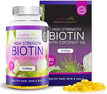 Biotin with Coconut Oil Hair Growth Supplement | 180 FAST ABSORBING SOFT GELS (6 Months Supply) with Biotin 10,000 MCG & Coconut Oil by Nutravita
