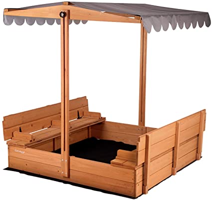 Aivituvin Kids Sand Boxes with Canopy Sandboxes with Covers Foldable Bench Seats, Children Outdoor Wooden Playset - Upgrade Retractable Roof (47x47Inch)