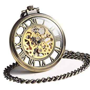 ManChDa Steampunk Mechanical Skeleton Big Size Hand Winding Pocket Watch Open Face Fob for Men