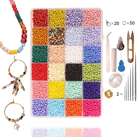 Glass Seed Beads, Small Pony Stripe Beads Assorted Kit with Organizer Box for Jewelry Making, Beading, Crafting (Round 3X2mm 8/0, 24 Assorted Multicolor Set)
