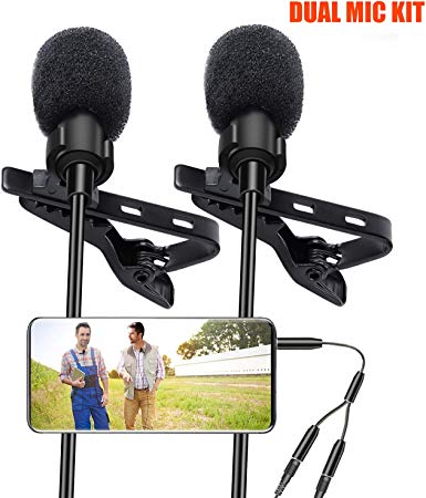 Lavalier Lapel Microphone, Kuyang 2 Pack Omnidirectional Mic for Smartphone, Desktop PC Computer, DSLR, Recording Mic for Podcast, Youtube, Vlogging, and Interview