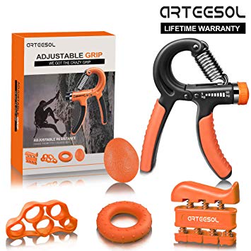 ARTEESOL Hand Grip Strengthener Forearm Trainer Kit 5Pack,Adjustable Hand Gripper(11-132lbs)&Resisitance Finger Exerciser&Grip Ring&Finger Stretcher&Hand Therapy Ball for Athletes