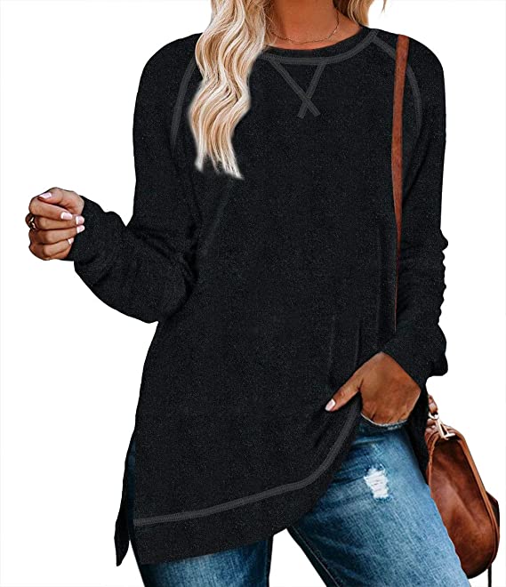 Aokosor Women's Long Sleeve Loose Casual Fall Pullover Side Split Tunic Tops