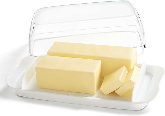 Lifewit Butter Dish with Lid for Countertop, Extra Large Plastic Butter Holder Container with Handles&Markings in Kitchen Organization, Perfect for 2 West/East Coast Butters, Dishwasher Safe, White