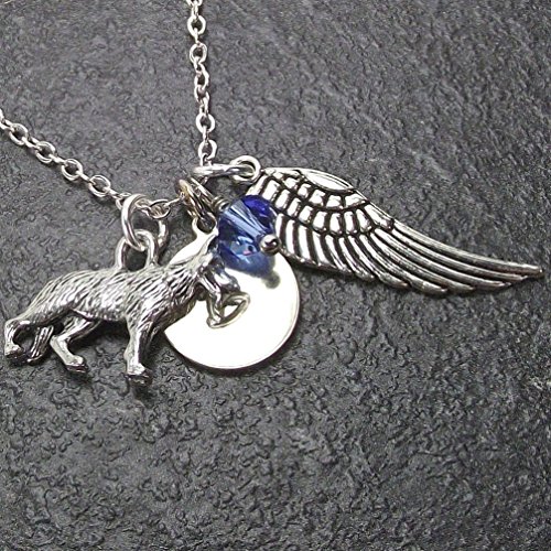 Personalized German Shepherd Dog Angel Wing Necklace with Swarovski Crystal and Custom Initial Disk Memorial Pet Jewelry