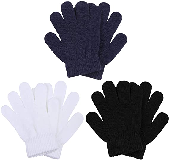 Cooraby 3 Pairs Winter Kids Gloves Warm Stretchy Knitted Magic Gloves Full Finger Mittens