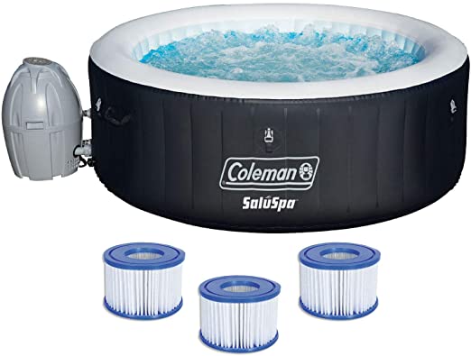 Coleman 13804-BW SaluSpa 4 Person Portable Inflatable Outdoor Round Hot Tub Spa with 60 Air Jets, Tub Cover, Pump, Chemical Floater and 3 Type VI Replacement Filter Cartridges, Black