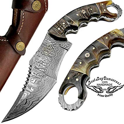Ram Horn 9.5'' Fixed Blade Custom Hand Made Damascus Steel Hunting Knife 100% Prime Quality with Leather Sheath