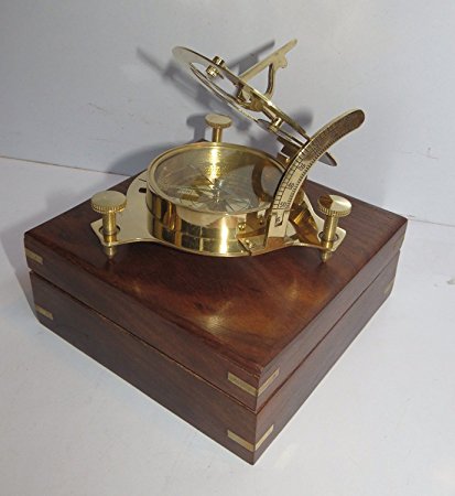 Captain Brass Sundial Compass with Hardwood Wooden Box Nauticalmart