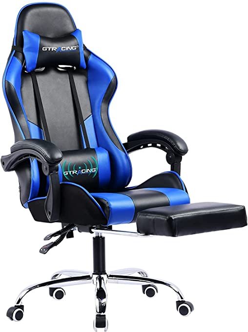 GTRACING Gaming Chair, Computer Chair with Footrest and Lumbar Support, Height Adjustable Gaming Chair with 360°-Swivel Seat and Headrest for Office or Gaming(Blue)