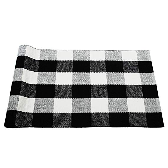 Winwinplus 100% Cotton Plaid Rugs Black/White Hand-Woven Checkered Door Mat Washable Rag Throw Rugs,Black and White Plaid Rug (67''x90.5'')