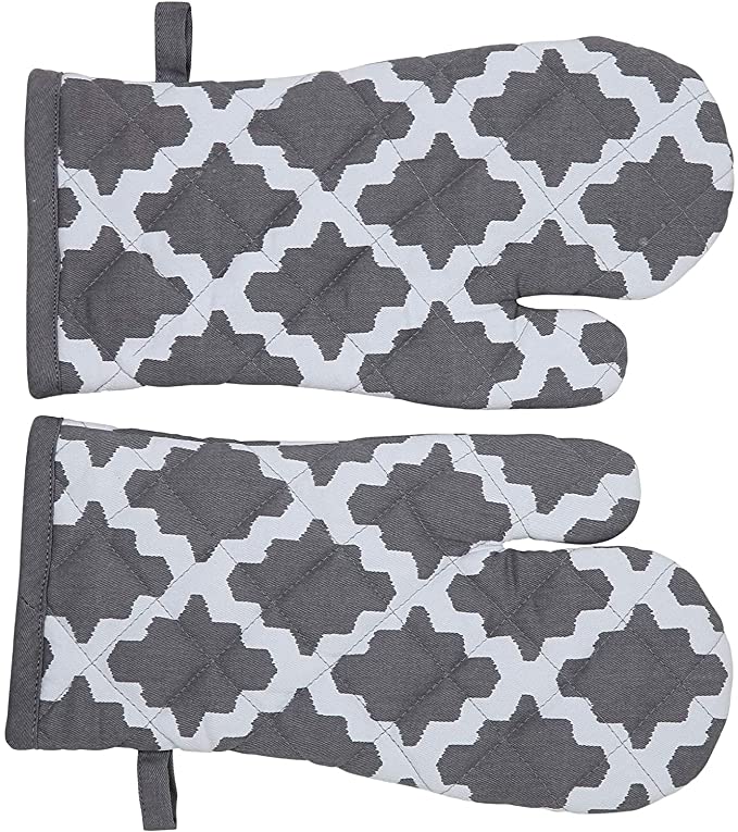 Penguin Home Patterned Diamond Grey Pair of Oven Gloves-Cotton(Set of 2 Gauntlets)