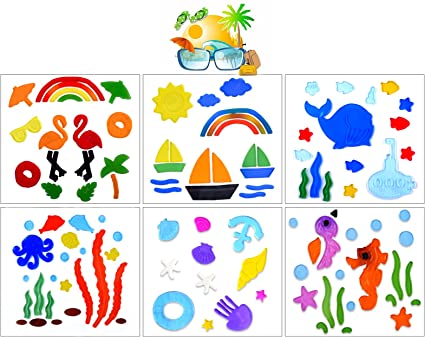 Summer Decor Window Clings, Gel Window Clings Stickers for Kids, Anti-Collision Window Clings for Glass Windows, Summer Decorations for Home Office Classroom- Easy to Paste and Remove- 6 Sheets