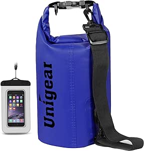 Unigear Sac étanche 2 L/5 L/10 L/20 L/30 L/40 L avec étui pour téléphone et Longue bandoulière réglable pour Bateau/Kayak/pêche/Rafting/Natation/Camping/Snowboard