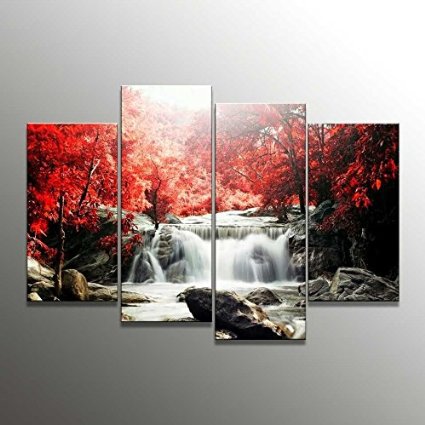 canvas wall art 4-Piece Red Woods Waterfall Canvas Print Paintings for Wall and Home Décor