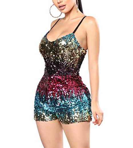RARITY-US Fashion Women Sexy Backless Deep Glitter Crewneck Sleeveless Short Jumpsuit Sequins Party Club Rompers