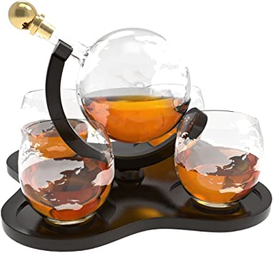 Chef's Star Whiskey Decanter Set for Men- Etched Globe Decanter Set with 4 Etched Globe Glasses, for Whiskey, Bourbon, 4 Globe Etched Glasses and Whiskey Stones, Liquor Gift Set, 850ml (28 oz)