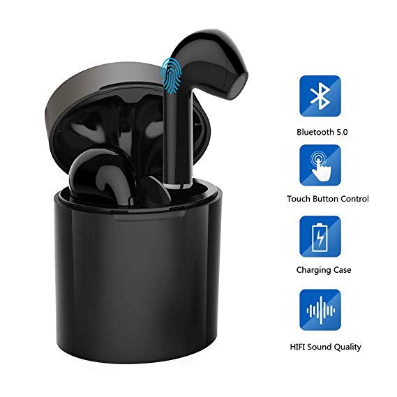 Wireless Bluetooth Earbuds, Portable Sport V5.0 True Wireless Stereo Earphones Hands Free Mini Noise Cancelling in-Ear Headphones with Mic and Charging Case (Black)