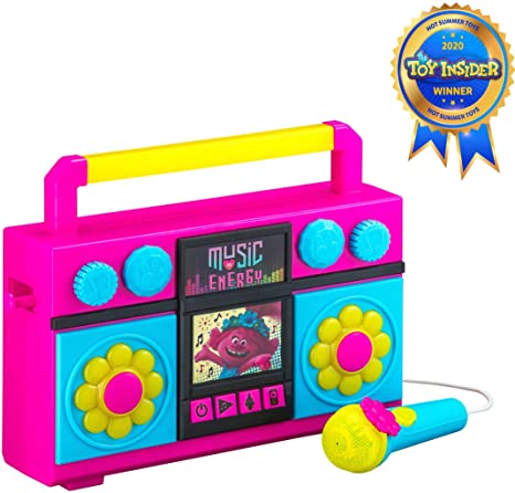 eKids Trolls World Tour Sing Along Boombox with Microphone, Built in Music, Flashing Lights, Real Working Mic for Kids Karaoke Machine, Connects Mp3 Player Aux in Audio Device