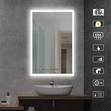 AI-LIGHTING Lighted Bathroom Makeup Mirror,20x28 Inch LED Wall Mount Frameless Rectangle Smart Bathroom Mirror with Touch Button Horizontal/Vertical,Anti-Fog