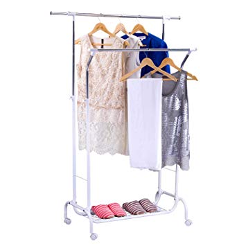 Mythinglogic Double Rail Garment Rack with Wheels Commercial Rolling Clothes Drying Rack Height Adjustable Clothing Hanging Rack with Lower Storage Shelf for Boxes, Shoes, Boots(White and Chrome)