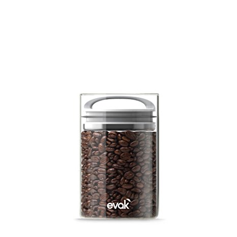 Best PREMIUM Airtight Storage Container for Coffee Beans, Tea and Dry Goods - EVAK - Innovation that Works by Prepara, Glass and Stainless, Compact White Gloss Handle, Medium