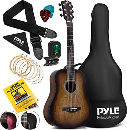 Pyle Beginner Acoustic Guitar Starter Pack 34” ½ Junior Size 6 Linden Wood Instrument w/Accessories Set, Case, Bag, Steel Strings, Nylon Strap, Tuner, Picks, Right, Brown (PGA820BR)