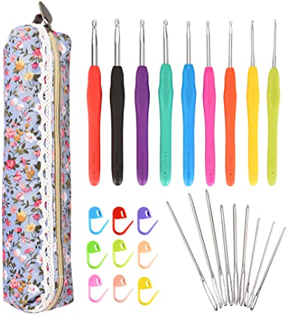 Crochet Hook Set, NuLink 28-Pieces Ergonomic Handle Crochet Blunt Yarn Knitting Needles Accessories Kit with Case Holders for Beginners Adults Arthritic Hands