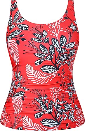 Hilor Women's Underwire Tankini Top Swimsuit Tummy Control Bathing Suit Tops Retro Tank Top Swimwear Modest Swim Top Only