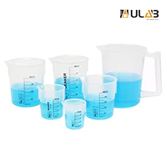 ULAB Scientific Stackable Graduated Plastic Beaker Set, 6 Sizes 50ml 100ml 250ml 400ml 500ml 1000ml with Easy-to-Read Printings in Black, 1000ml Beaker with Handle and spout, UBP1003
